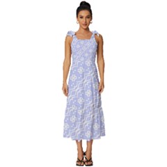 Light Purple And White Floral Pattern Tie-strap Tiered Midi Chiffon Dress