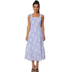 Light Purple And White Floral Pattern Square Neckline Tiered Midi Dress