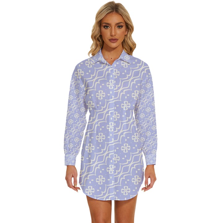 Light purple and white floral pattern Womens Long Sleeve Shirt Dress