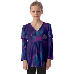 Turquoise Abstract Black Galaxy Pattern Turquoise Kids  V Neck Casual Top