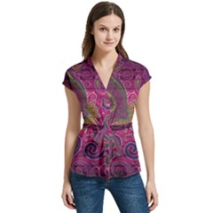 Abstract Purple Pattern Women s Cap Sleeve Mandarin Collar Waist Tie Blouse by Bedest