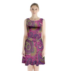 Abstract Purple Pattern Sleeveless Waist Tie Chiffon Dress