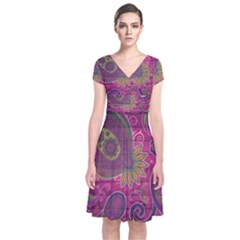 Abstract Purple Pattern Short Sleeve Front Wrap Dress