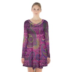 Abstract Purple Pattern Long Sleeve Velvet V-neck Dress