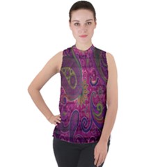 Abstract Purple Pattern Mock Neck Chiffon Sleeveless Top