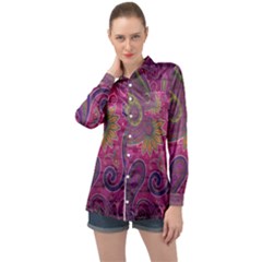 Abstract Purple Pattern Long Sleeve Satin Shirt