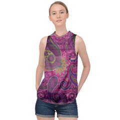 Abstract Purple Pattern High Neck Satin Top