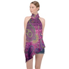 Abstract Purple Pattern Halter Asymmetric Satin Top