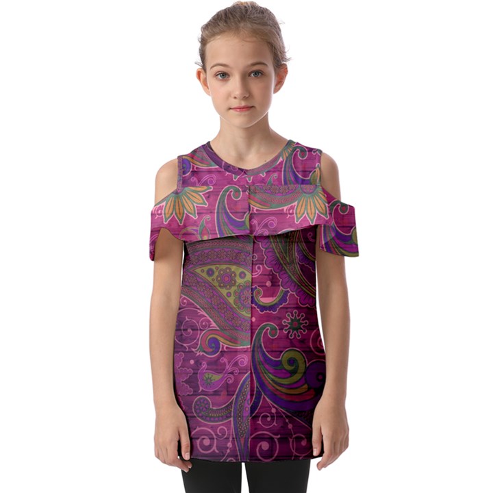 Abstract Purple Pattern Fold Over Open Sleeve Top