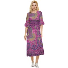 Abstract Purple Pattern Double Cuff Midi Dress