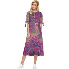 Abstract Purple Pattern Bow Sleeve Chiffon Midi Dress