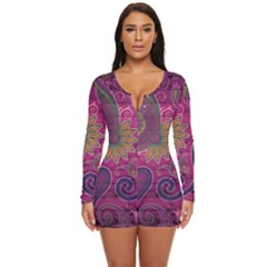 Abstract Purple Pattern Long Sleeve Boyleg Swimsuit