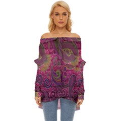 Abstract Purple Pattern Off Shoulder Chiffon Pocket Shirt