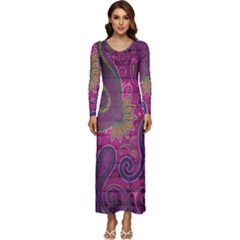 Abstract Purple Pattern Long Sleeve Longline Maxi Dress