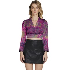 Abstract Purple Pattern Long Sleeve Tie Back Satin Wrap Top