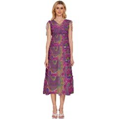 Abstract Purple Pattern V-neck Drawstring Shoulder Sleeveless Maxi Dress