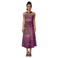 Abstract Purple Pattern Sleeveless Cross Front Cocktail Midi Chiffon Dress