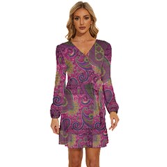 Abstract Purple Pattern Long Sleeve Waist Tie Ruffle Velvet Dress