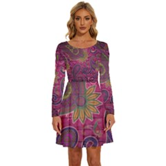 Abstract Purple Pattern Long Sleeve Wide Neck Velvet Dress