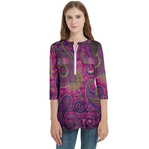 Abstract Purple Pattern Women s Zip Front V-neck 3/4 Sleeve Casual Top Pocket Shirt by Bedest