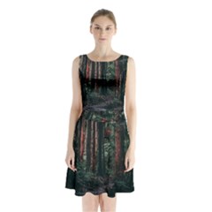 Forest Jungle Trees Tropics Sleeveless Waist Tie Chiffon Dress