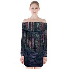 Forest Jungle Trees Tropics Long Sleeve Off Shoulder Dress