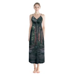 Forest Jungle Trees Tropics Button Up Chiffon Maxi Dress