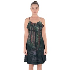 Forest Jungle Trees Tropics Ruffle Detail Chiffon Dress