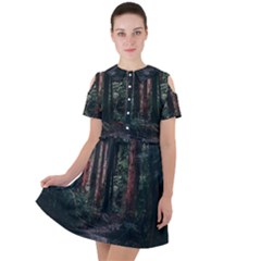 Forest Jungle Trees Tropics Short Sleeve Shoulder Cut Out Dress 