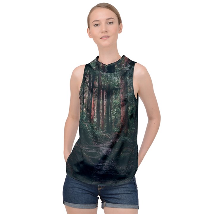 Forest Jungle Trees Tropics High Neck Satin Top