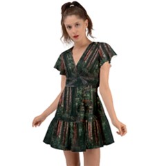 Forest Jungle Trees Tropics Flutter Sleeve Wrap Dress