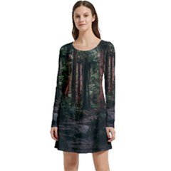 Forest Jungle Trees Tropics Long Sleeve Velour Skater Dress