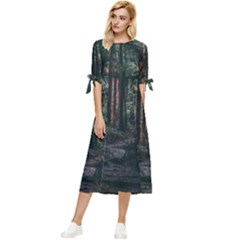 Forest Jungle Trees Tropics Bow Sleeve Chiffon Midi Dress