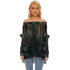 Forest Jungle Trees Tropics Off Shoulder Chiffon Pocket Shirt