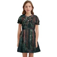 Forest Jungle Trees Tropics Kids  Bow Tie Puff Sleeve Dress