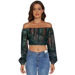 Forest Jungle Trees Tropics Long Sleeve Crinkled Weave Crop Top