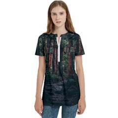 Forest Jungle Trees Tropics Women s Zip Front V-neck Short Sleeve Casual Top Pocket Shirt