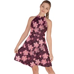 Cherry Blossoms Japanese Sleeveless Halter Neck A-line Dress