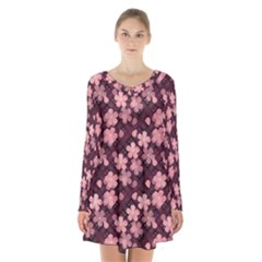 Cherry Blossoms Japanese Long Sleeve Velvet V-neck Dress