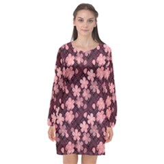 Cherry Blossoms Japanese Long Sleeve Chiffon Shift Dress 