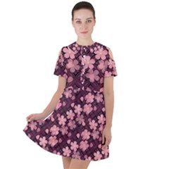 Cherry Blossoms Japanese Short Sleeve Shoulder Cut Out Dress 