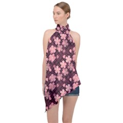 Cherry Blossoms Japanese Halter Asymmetric Satin Top