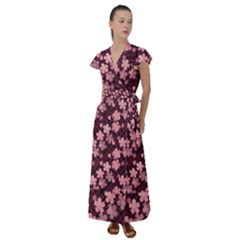 Cherry Blossoms Japanese Flutter Sleeve Maxi Dress