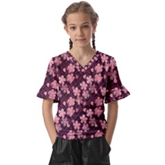 Cherry Blossoms Japanese Kids  V-neck Horn Sleeve Blouse