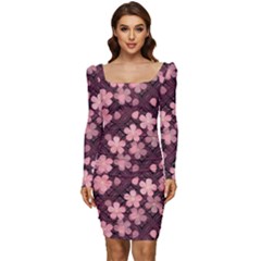 Cherry Blossoms Japanese Women Long Sleeve Ruched Stretch Jersey Dress