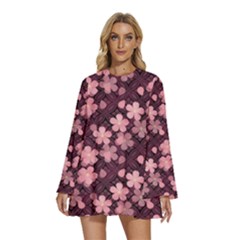 Cherry Blossoms Japanese Round Neck Long Sleeve Bohemian Style Chiffon Mini Dress