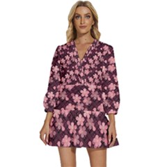 Cherry Blossoms Japanese V-neck Placket Mini Dress