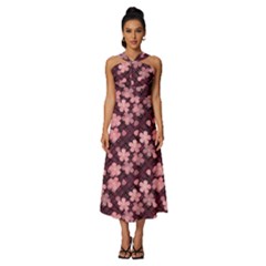 Cherry Blossoms Japanese Sleeveless Cross Front Cocktail Midi Chiffon Dress