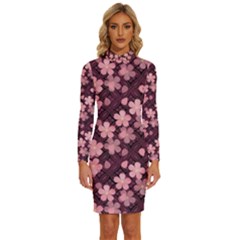 Cherry Blossoms Japanese Long Sleeve Shirt Collar Bodycon Dress