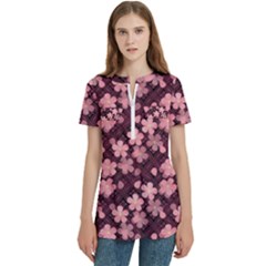 Cherry Blossoms Japanese Women s Zip Front V-neck Short Sleeve Casual Top Pocket Shirt